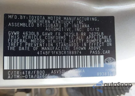 2012 Toyota Camry Xle from USA, damaged, VIN 4T4BF1FK9CR188974
